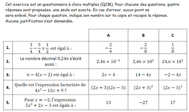 Questionnaire à choix multiples (QCM) : exercices en 3ème.