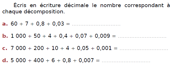 Décomposer un nombre décimal : exercices en CM2.