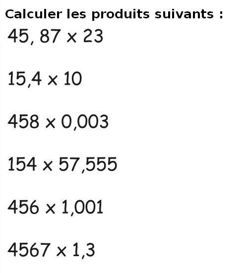 Multiplications et calculs de produits : exercices de maths en 6ème.