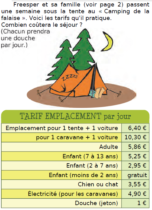 Le camping de la falaise : exercices en CM2.