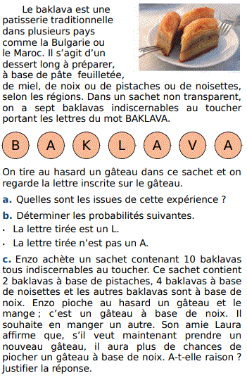 Le baklava et probabilités : exercices en 4ème.