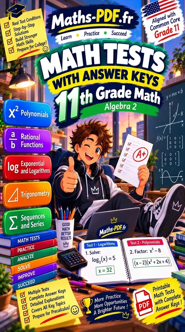 Cover of Algebra 2 Math Tests with Answer Keys, a printable PDF book