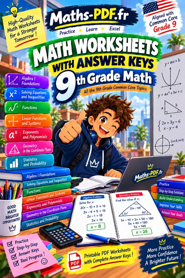 Cover of Algebra 1 Math Worksheets with Answers, a printable PDF book