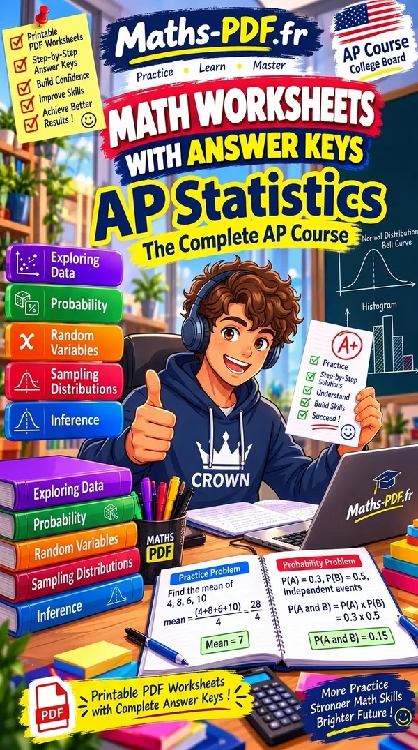 Cover of AP Statistics Math Worksheets with Answers, a printable PDF book