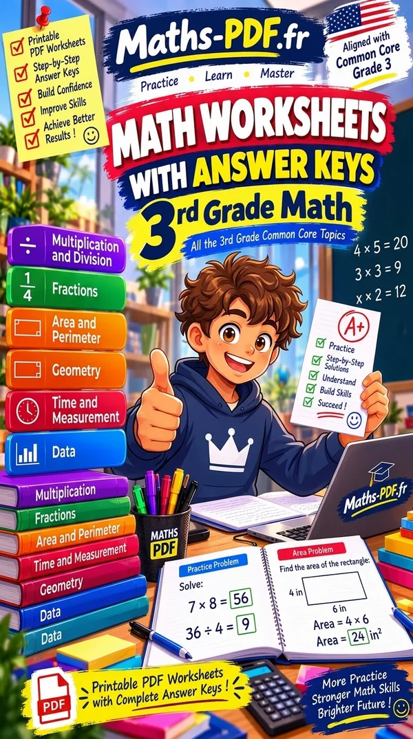 Cover of Grade 3 Math Worksheets with Answers, a printable PDF book