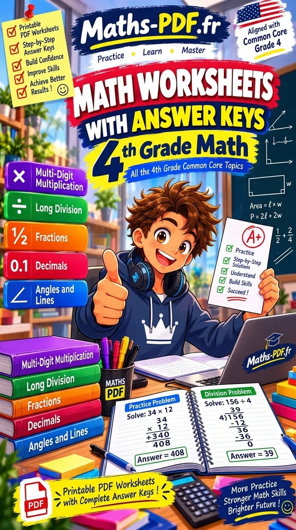Cover of Grade 4 Math Worksheets with Answers, a printable PDF book
