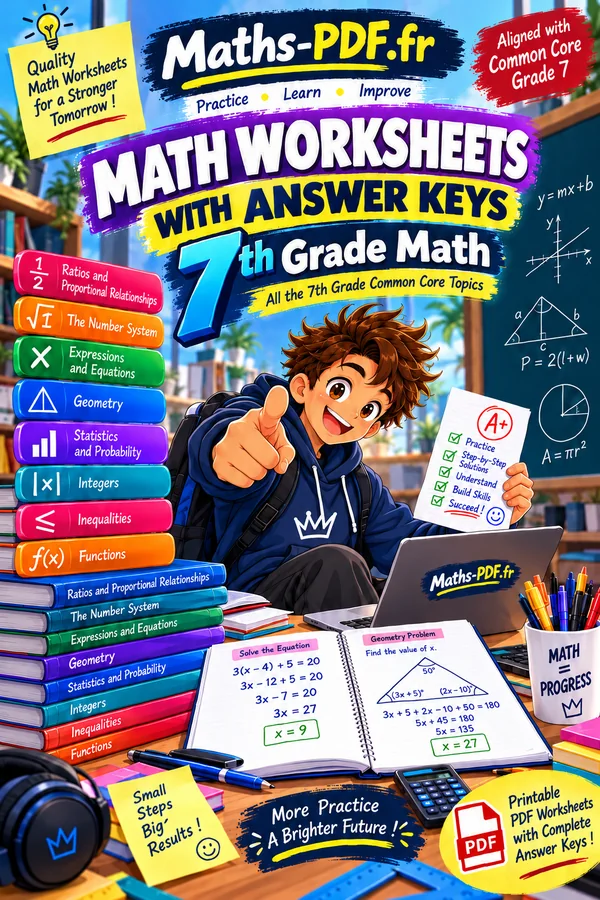 Cover of Grade 7 Math Worksheets with Answers, a printable PDF book