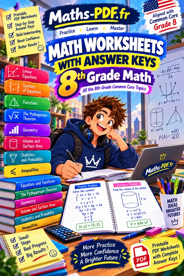 Cover of Grade 8 Math Worksheets with Answers, a printable PDF book