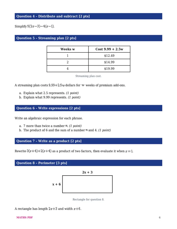 A page of the first test of the Algebra 1 Math Tests with Answer Keys