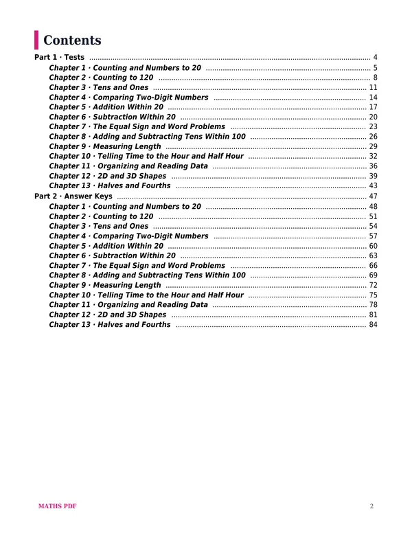 The contents of the Grade 1 Math Tests with Answer Keys