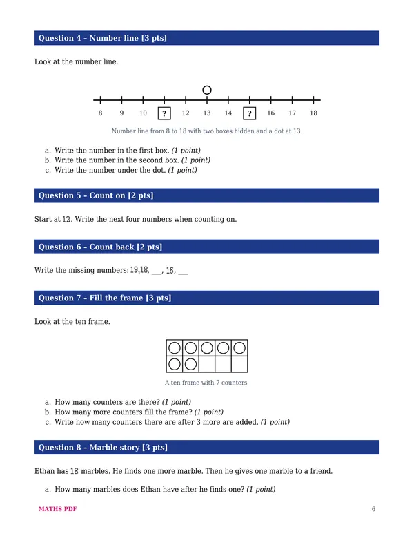 A page of the first test of the Grade 1 Math Tests with Answer Keys