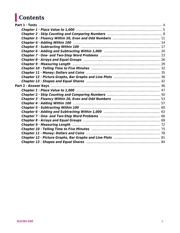 The contents of the Grade 2 Math Tests with Answer Keys