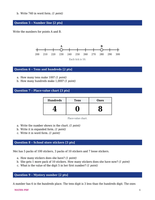 A page of the first test of the Grade 2 Math Tests with Answer Keys
