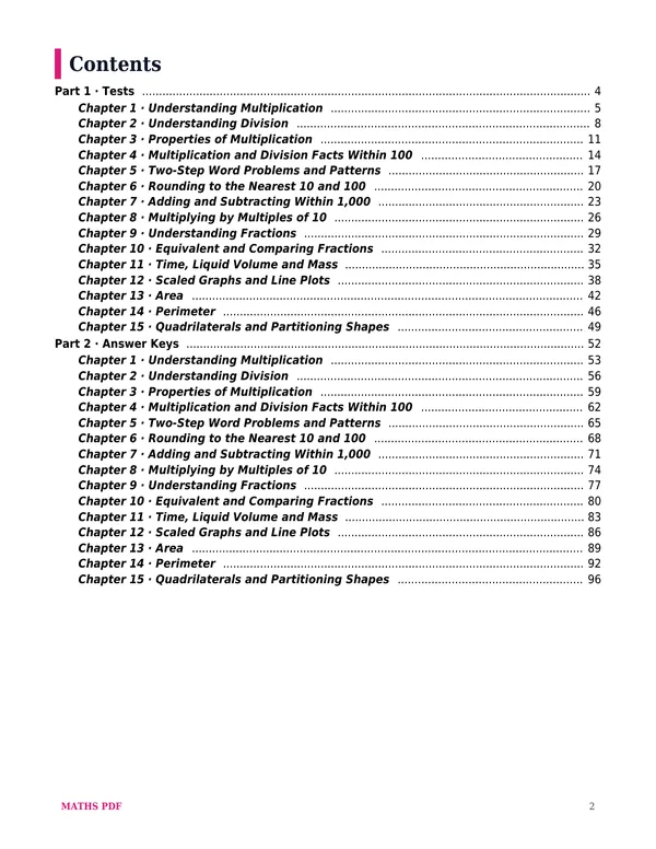 The contents of the Grade 3 Math Tests with Answer Keys