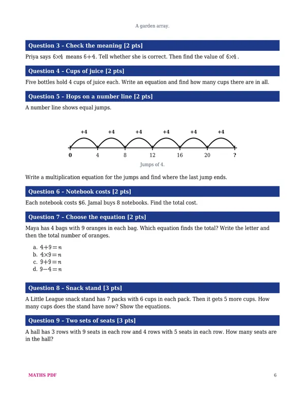 A page of the first test of the Grade 3 Math Tests with Answer Keys