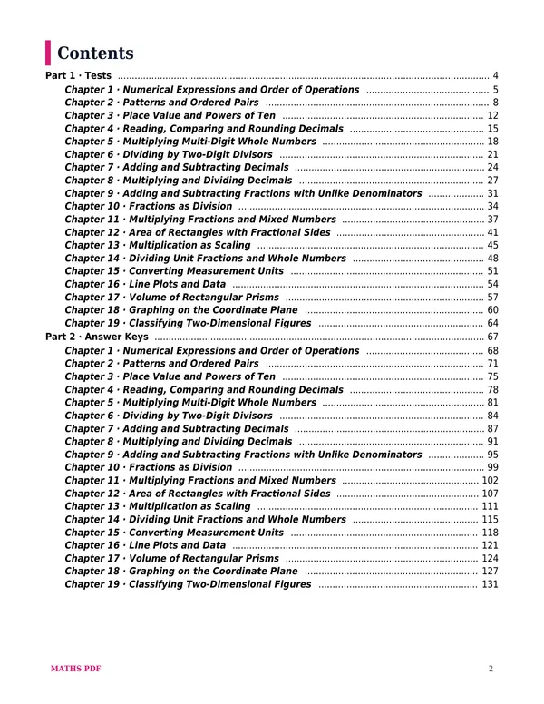 The contents of the Grade 5 Math Tests with Answer Keys