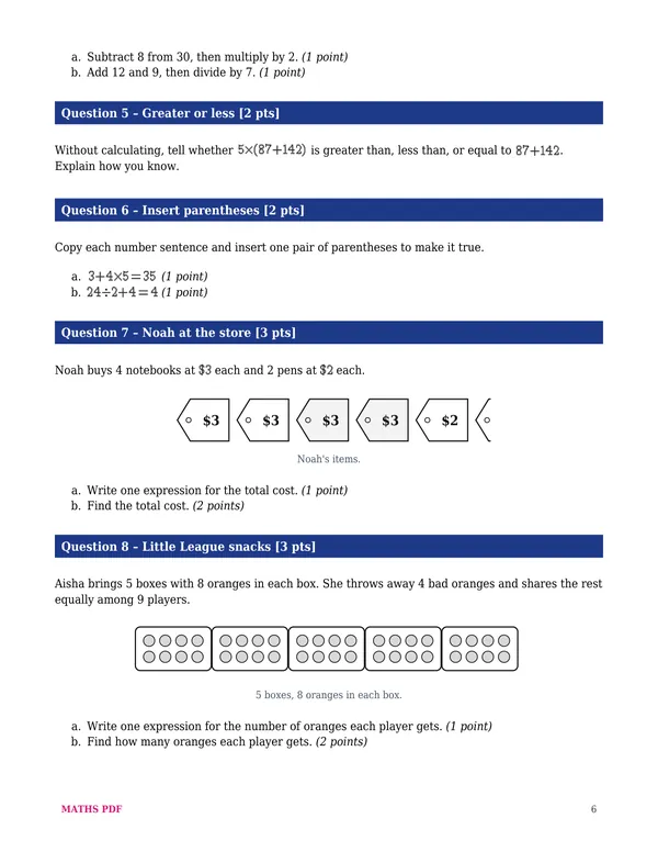 A page of the first test of the Grade 5 Math Tests with Answer Keys
