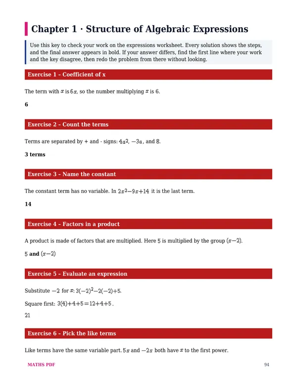 A page of answers of the Algebra 1 Math Worksheets with Answers