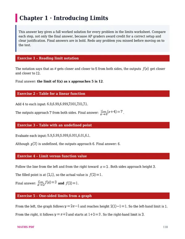 A page of answers of the AP Calculus AB Math Worksheets with Answers