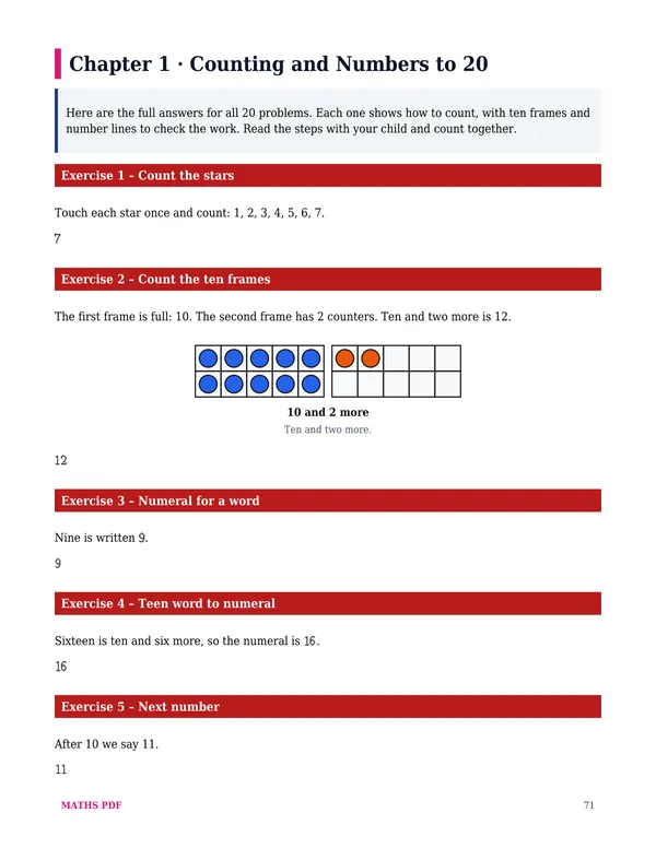 A page of answers of the Grade 1 Math Worksheets with Answers