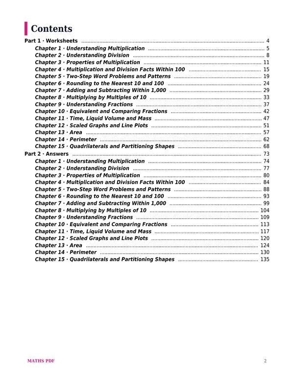The contents of the Grade 3 Math Worksheets with Answers