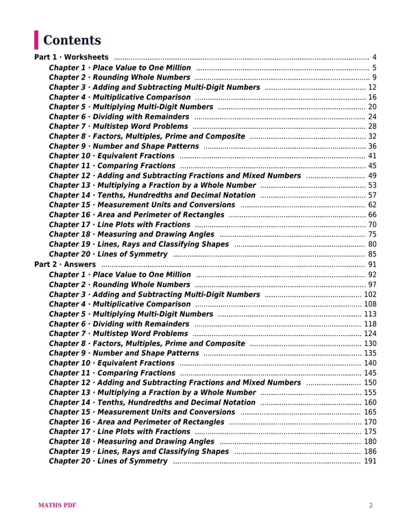 The contents of the Grade 4 Math Worksheets with Answers