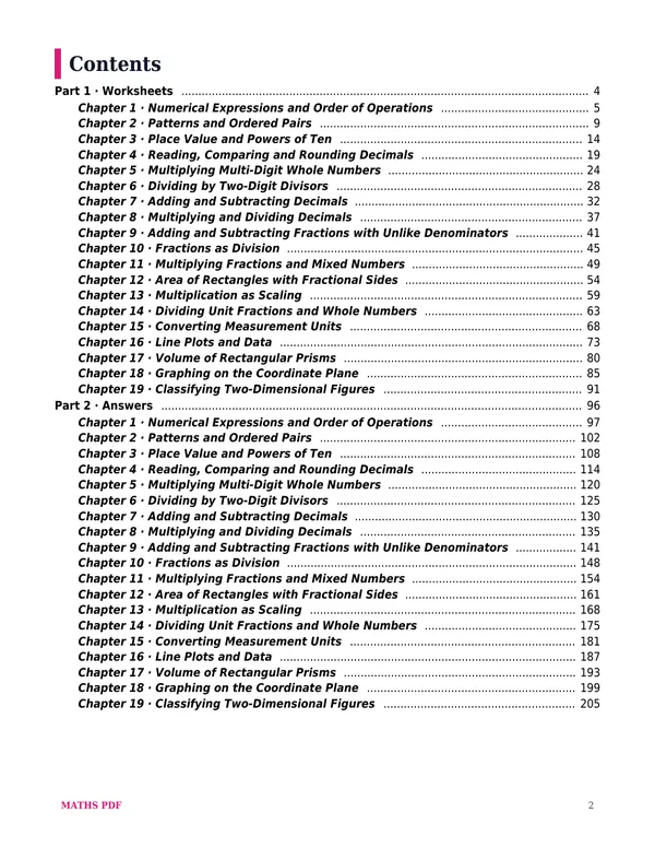 The contents of the Grade 5 Math Worksheets with Answers