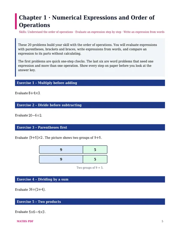 The first worksheet of the Grade 5 Math Worksheets with Answers