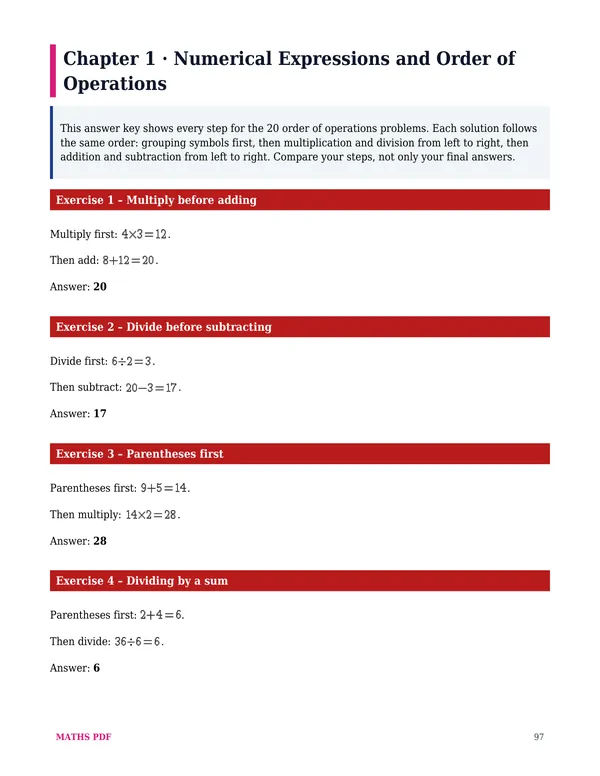 A page of answers of the Grade 5 Math Worksheets with Answers