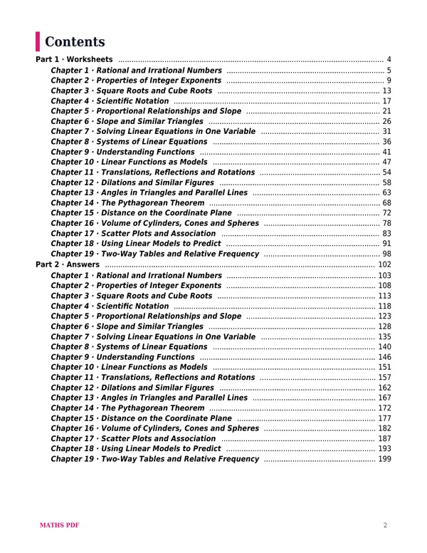 The contents of the Grade 8 Math Worksheets with Answers