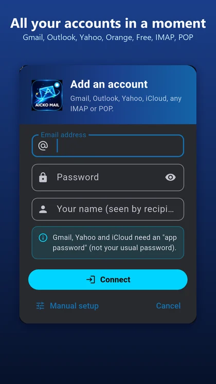 Adding an account in the AICKO MAIL app