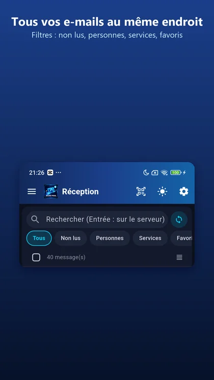 Boîte de réception et filtres de l'app AICKO MAIL