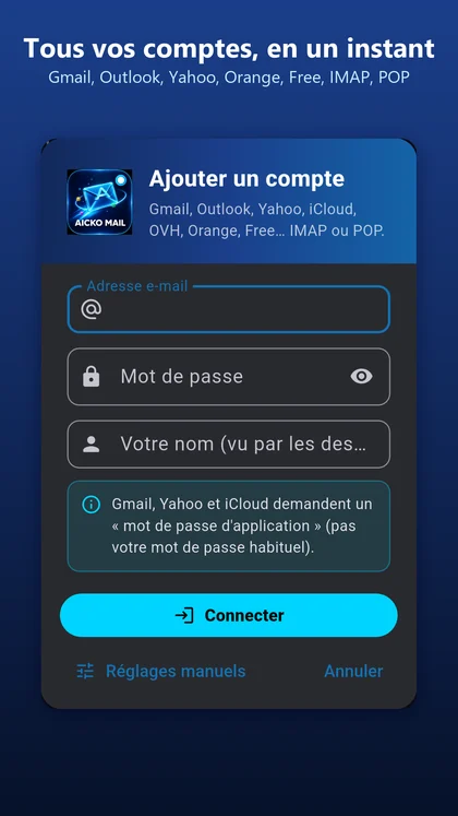 Ajout d'un compte dans l'app AICKO MAIL
