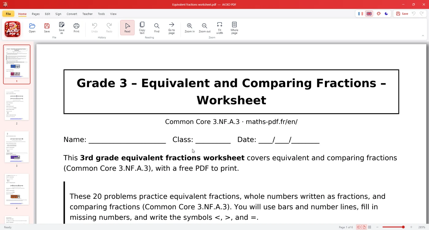 AICKO PDF on Windows: a math worksheet open with the ribbon and page thumbnails