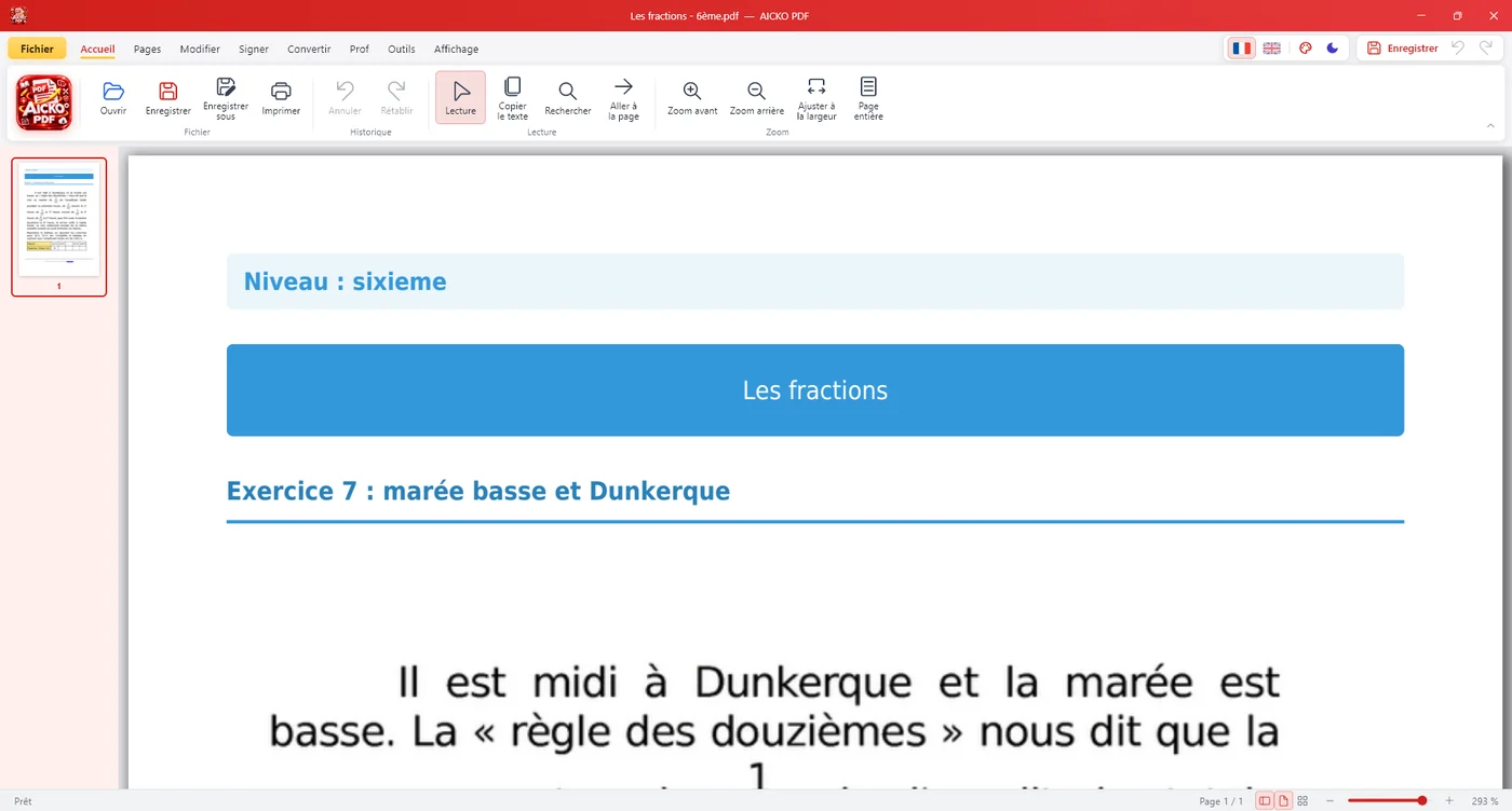 AICKO PDF sous Windows : une fiche d'exercices ouverte avec le ruban et les miniatures