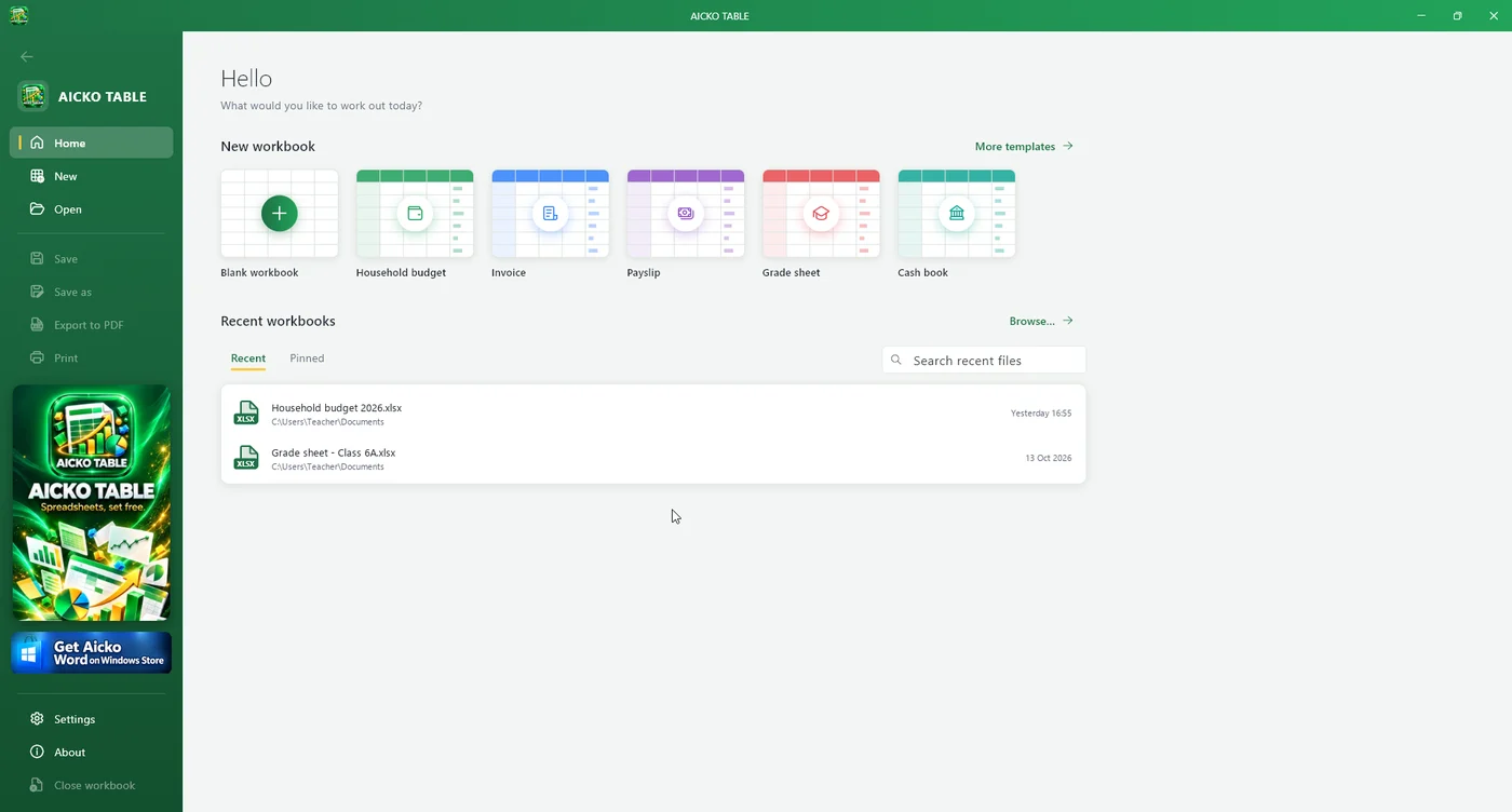 AICKO TABLE on Windows: home screen with templates