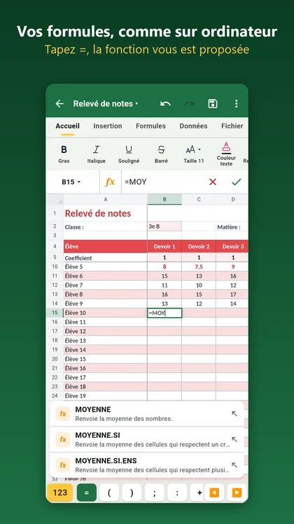 Formules proposées dans l'app AICKO TABLEUR