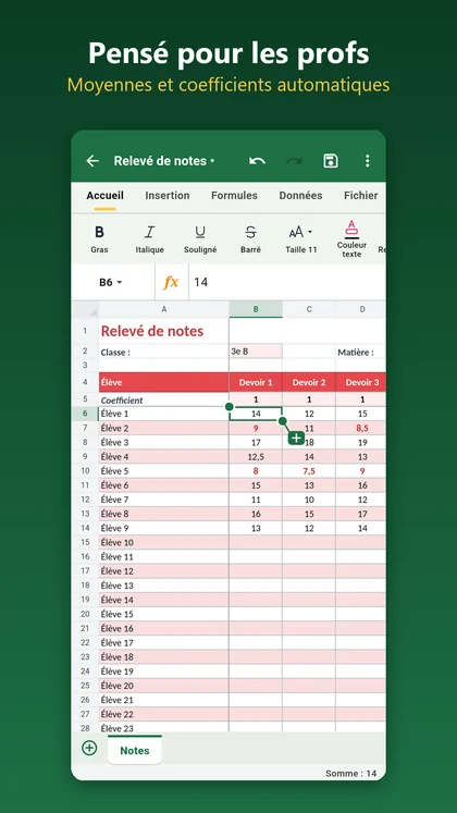 Relevé de notes dans l'app AICKO TABLEUR