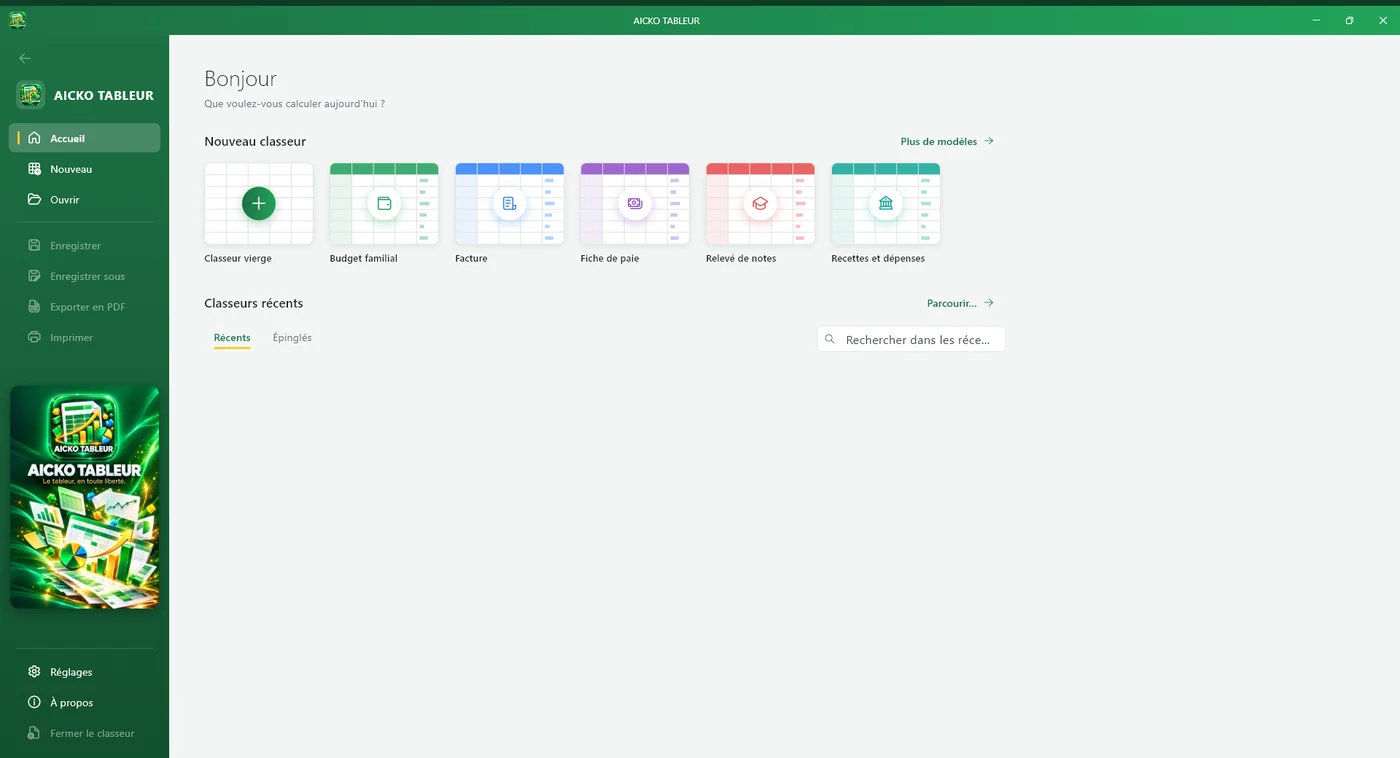 AICKO TABLEUR sous Windows : accueil et modèles