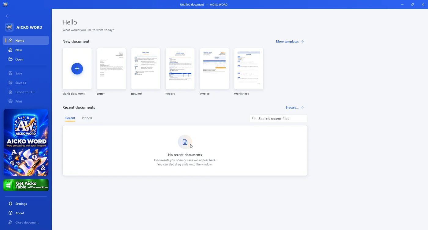 AICKO WORD on Windows: home screen with templates