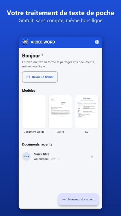 Accueil de l'app AICKO WORD