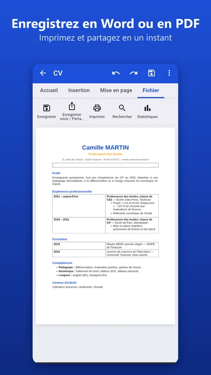 Onglet Fichier de l'app AICKO WORD