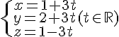\begin{cases}x=1+3t\y=2+3t\z=1-3t\end{cases}(t\in\mathbb{R})