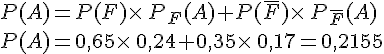 P(A)=P(F)\times  \,P_F(A)+P(\overline{F})\times  \,P_{\overline{F}}(A)\,\\P(A)=0,65\times  \,0,24+0,35\times  \,0,17=0,2155