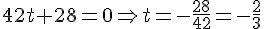 42t+28=0\Rightarrow~t=-\frac{28}{42}=-\frac{2}{3}