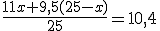 \frac{11x+9,5(25-x)}{25}=10,4