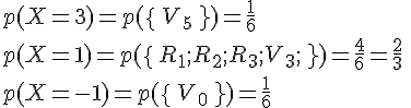 p(X=3)=p(\,\{\,V_5\,\,\})=\frac{1}{6}\,\\p(X=1)=p(\,\{\,R_1;R_2;R_3;V_3;\,\,\})=\frac{4}{6}=\frac{2}{3}\,\\p(X=-1)=p(\,\{\,V_0\,\,\})=\frac{1}{6}