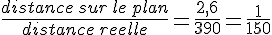 \frac{distance\,sur\,le\,plan}{distance\,reelle}=\frac{2,6}{390}=\frac{1}{150}