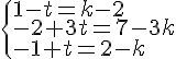 \begin{cases}1-t=k-2\-2+3t=7-3k\-1+t=2-k\end{cases}