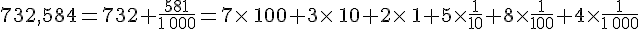 732,584=732+\frac{581}{1\,000}=7\times \,100+3\times \,10+2\times \,1+5\times \frac{1}{10}+8\times \frac{1}{100}+4\times \frac{1}{1\,000}